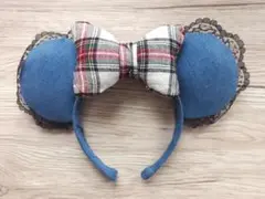 チェック柄 デニム カチューシャ