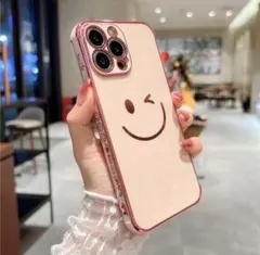 iPhone13Promaxケース smile ツヤ スマイル　ピンクゴールド