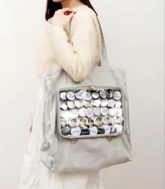 スリーコインズ　ビッグクリアポケット付きトートバッグ推し活　グレー