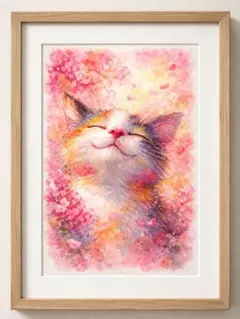 고양이 아트 패널 수채화 스타일 핑크 플라워 라지 사이즈
