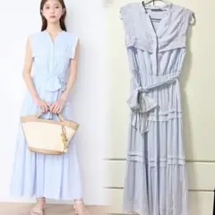 極美品　セルフォード　レーススクエアカラーワンピース　サックス 極美品 セルフォード レーススクエアカラーワンピース サックス - メルカリ