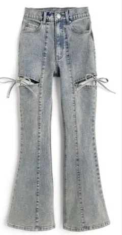 GRL サイドカットアウトリボンフレアデニムパンツ　［cu578］