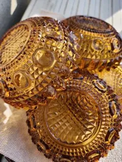 4枚セット　カット琥珀のガラス器　アンバーガラス