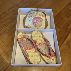 【美品】金色花柄　草履バッグセット　21センチ
