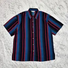 ヴィンテージ　ストライプブラウス　マルチカラー　金ボタン　L　昭和レトロ　透け感