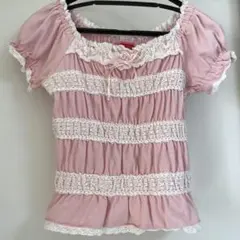 BABY シャーリングカットソー ピンク 半袖 レース 姫袖 希少のサムネイル