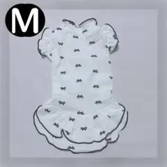 新品 M リボン柄 ワンピース （白） 犬服 猫服 犬の服 小型犬 スカート