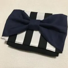 移動ポケット リボン 紺 太ストライプ 女の子 クリップなし ハンドメイド