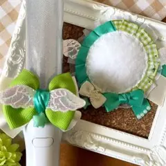 天使の羽根 缶バッジロゼット ペンライトリボン グリーンチェック