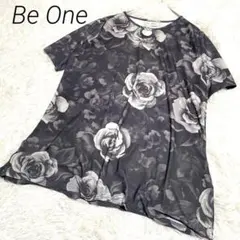 Be One 花柄チュニック 半袖 グレー　リング付きネックラインデザイン