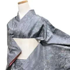 小紋　大島紬　唐花　リーフ　お洒落　グレー　着物　115b d ms