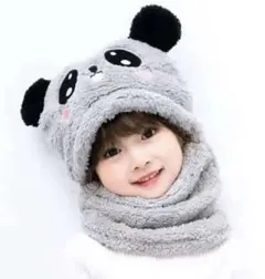 ニット帽 マフラー 一体型 キッズ ベビー 防寒 ふわふわ グレー