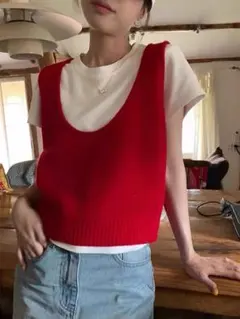 赤 Uネック ニットベスト Fサイズ