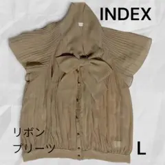 【美品】INDEX プリーツ ブラウス L ボウタイ リボン ベージュ 半袖のサムネイル