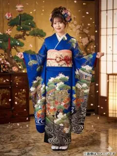 振り袖　フルセット　別誂長襦袢付　ブルー　成人式　美品　小物類　金彩加工　868