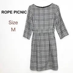 ROPE PICNIC チェック柄　ワンピース　七分袖　ウエストリボン　Aライン