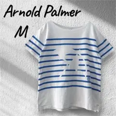 アーノルドパーマー ロゴ入り 半袖Tシャツ ボーダー 綿 水色 白 M