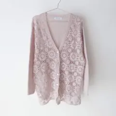 USED 古着 くすみラベンダー お花 クロシェ ニット カーディガン