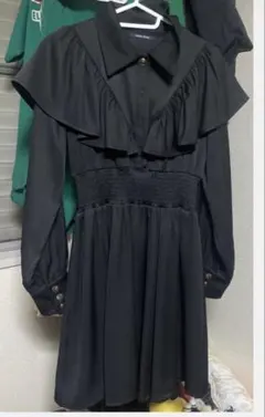 「one way フリル ワンピ シャーリング 黒 長袖」