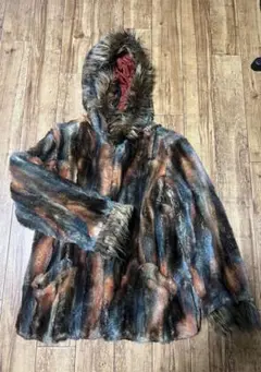 フード付きファーコート オレンジ青ストライプ