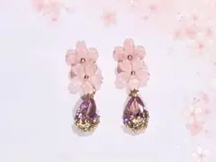 再販822/桜　ガラスチャーム　ピアス(イヤリング変更可)