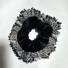 ACCESSORIES BLOSSOM ツイードシュシュ　パール　ブラック