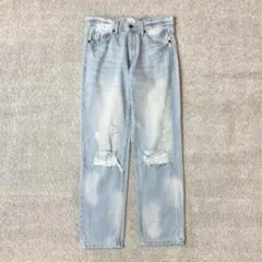 レトロガール　ダメージ　ストレートデニム　M ライトブルー　クラッシュ加工のサムネイル