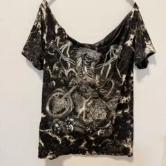 ノーブランド スカル総柄半袖Tシャツ ブラック ロック フェス パンク