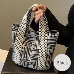 ミニトートバッグ サブバッグ　幾何学模様 モノトーン　北欧風 ブラック