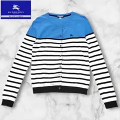 バーバリーブルーレーベル美品ボーダーコットンカーディガン　38 白青ロゴ刺繍