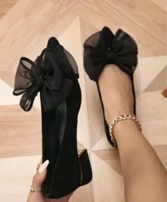 リボン付き黒ハイヒールパンプス SHEIN