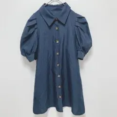 グレイル|フロントボタン ミニワンピース【M】パフスリーブ 無地 可愛い 紺色