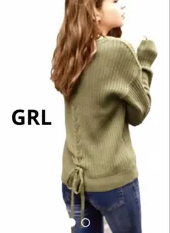 美品GRL グレイル　バックレースアップ　リブニットVネックセーター カーキ
