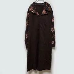 【 L】 シャツワンピース ダークブラウン ロングワンピース 花柄 前ファスナー