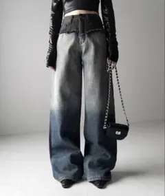 me+em selectダメージドッキンググラデーションヴィンテージルーズデニム