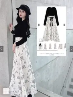 リボンベルト付きニットドッキング花柄ワンピース