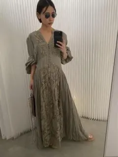 ameri medi tulle lace dress カーキ S