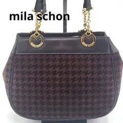 【美品】ミラショーン チェーンハンドバッグ 千鳥格子柄 ブラウン ゴールド金具