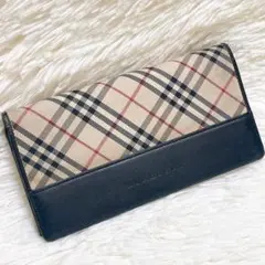 バーバリー　長財布　キャンバス　レザー　黒　ノバチェック がま口