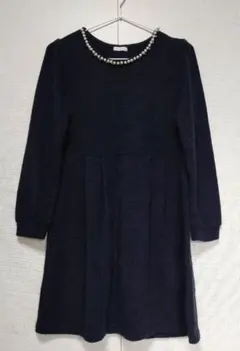 persodea ネイビー 長袖 ニットワンピース パール装飾付き M