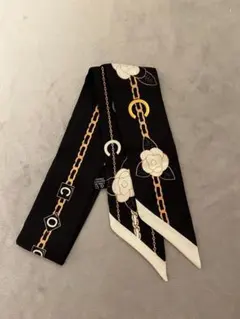 新品 リボンスカーフ カメリア ブラック シルク調 ミニスカーフ