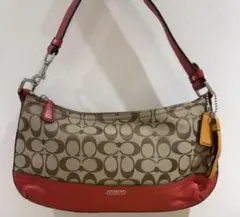 コーチ シグネチャー ショルダーバッグ F24028 キャンバス×レザー 赤×茶
