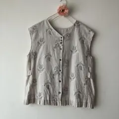 blue willowリネン混 刺繍ブラウス 花柄 ボタニカル 半袖ナチュラル 