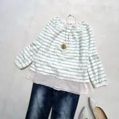 grove グローブ　カットソー　ボーダー　レース　M グリーン　金ボタン