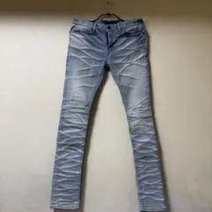 美品 FUGA スキニーデニム 46 ヒゲ加工 ライトブルー ストレッチ メンズ