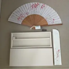 未使用 扇子 新京清堂 弥生セット ベージュ 桜 専用箱付き