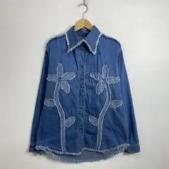 VINTAGE デニムシャツ ブルー フリンジ 花 パッチワーク ボタンダウン