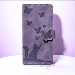 iPhone16 手帳型スマホケース 猫 可愛い ネコ好き向け スタンド 紫