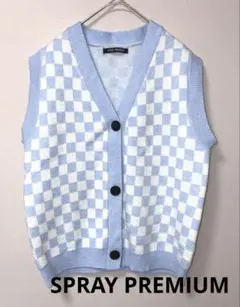 スプレイ　新品　ブロックチェック　ニットベスト　水色と白のチェック柄ニットベスト