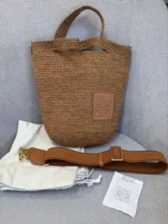 極美品 ロエベ ラフィア フリル トートバッグ バスケット レザー